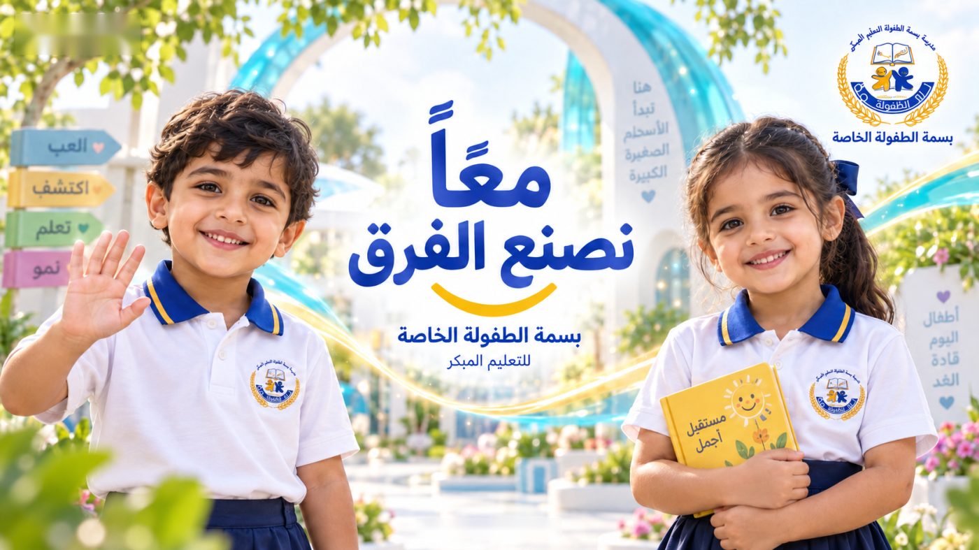 طفلان من بسمة الطفولة يبتسمان أمام مدخل المدرسة وبينهما شعار: معًا نصنع الفرق